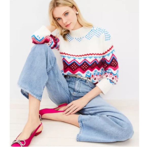 LOFT Fair Isle Mock Neck Sweater Whisper White Wide Sleeve XL, New - Picture 1 of 3